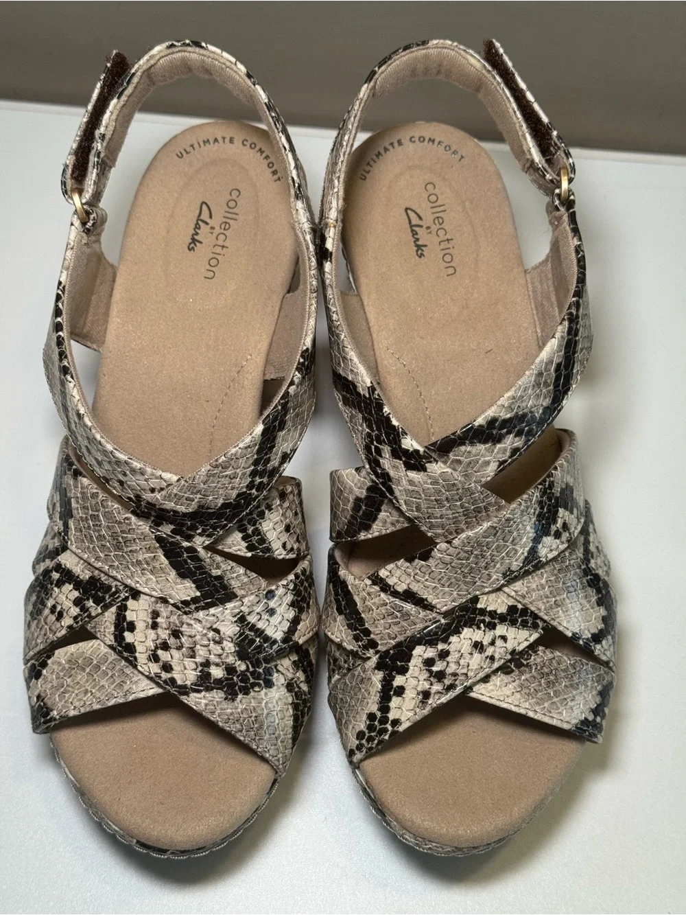 Clarks Women's Snake-Print Crisscross Wedge Sandals in Beige and Black